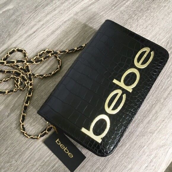NWT Bebe Fabiola Stamped Faux Croc Embossed Crossbody Purse Bag Chain Strap - Picture 2 of 9
